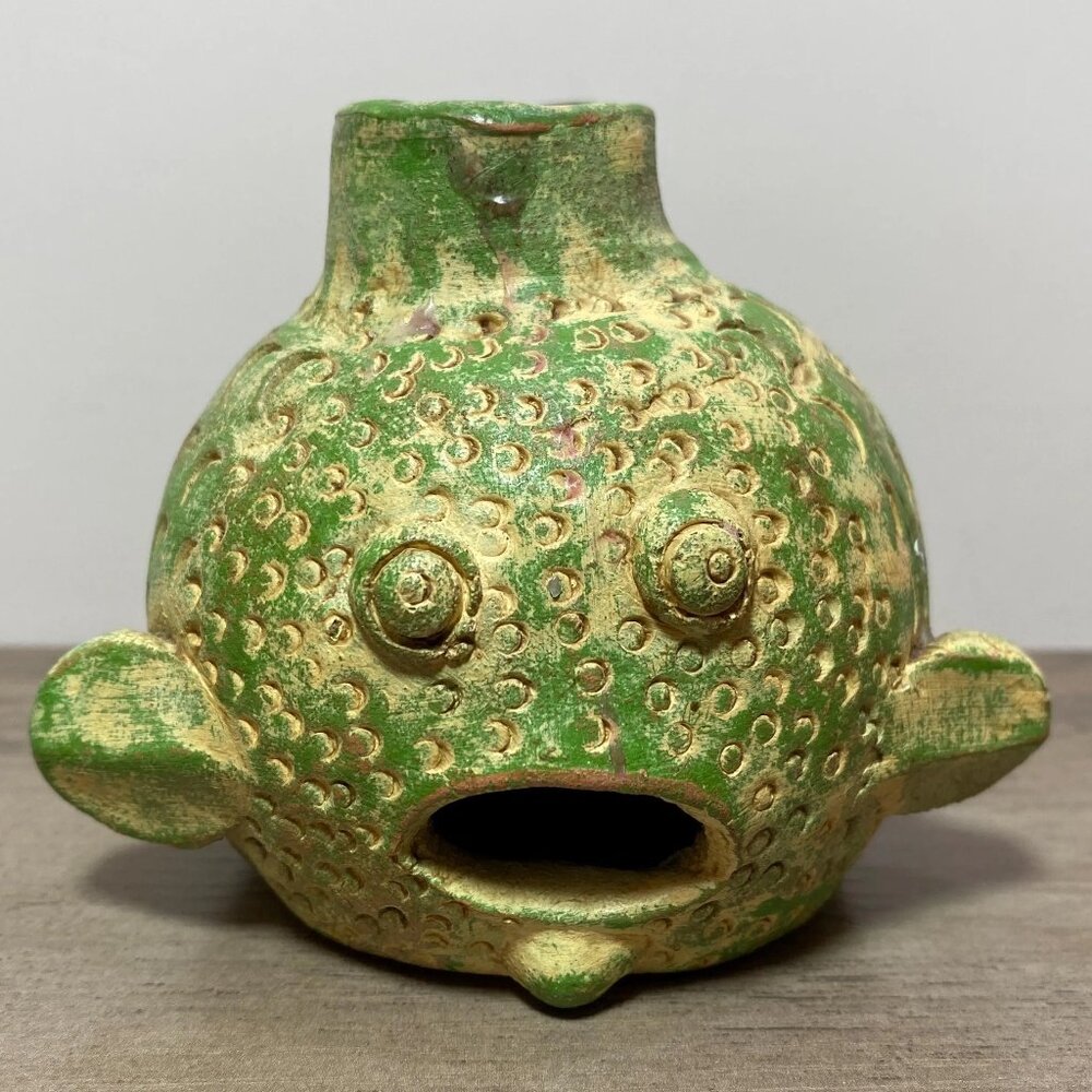 Mexican Folk Pottery Puffer Fish Sculpture Rustic Handcrafted Art Pre-Columbian